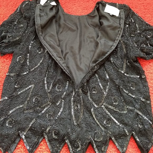 vintage 80s short sleeve black silk sequin cocktail top NWOT - Picture 6 of 9